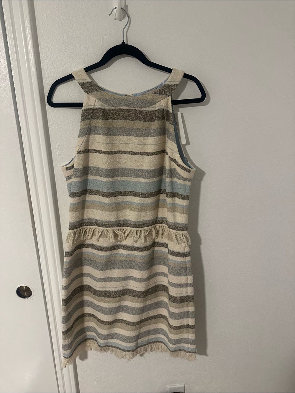 Striped Sleeveless Fringe Hem Dress in Cream and Light Blue Tory Burch